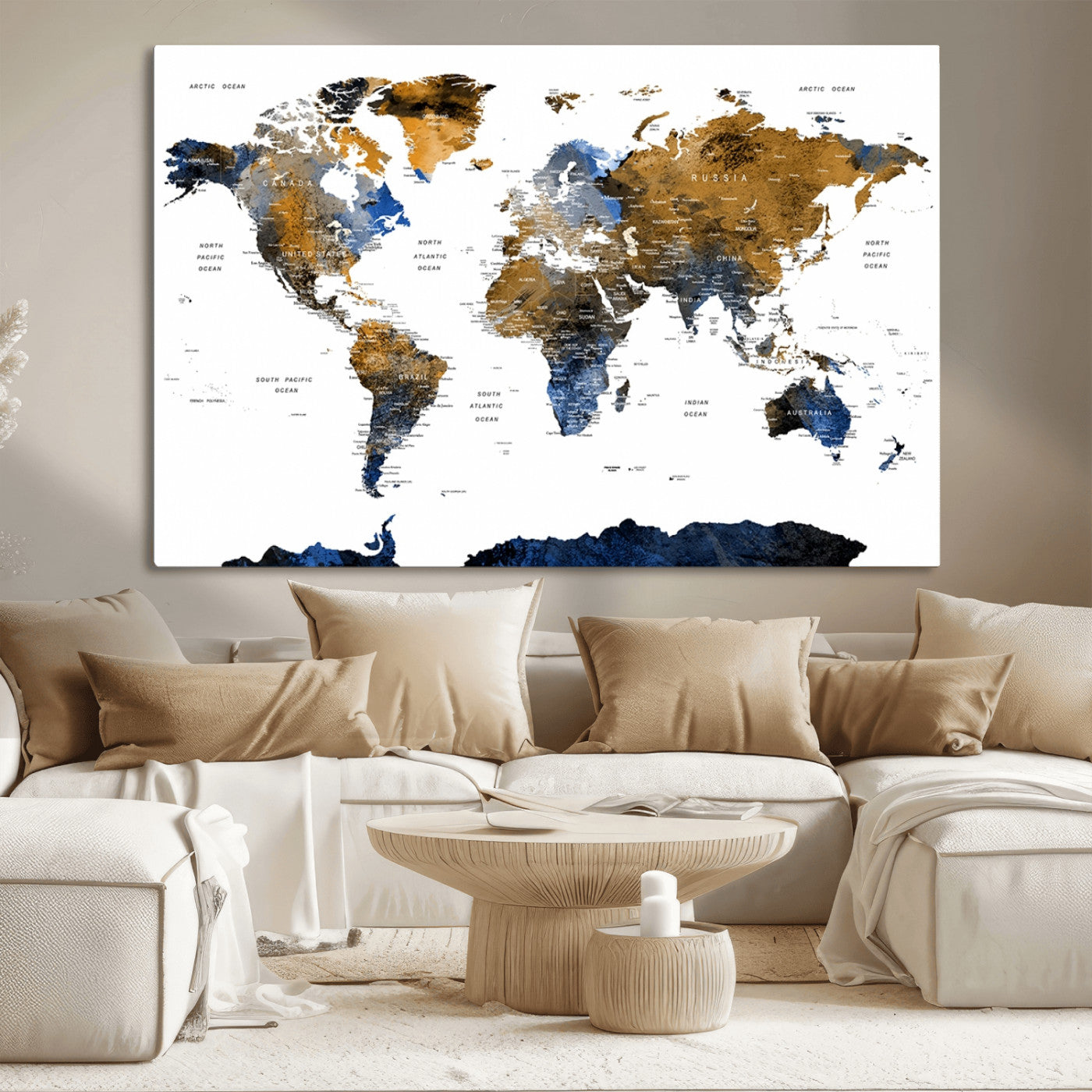 56231-MGV-CV-36X24-Navy and Gold World Map Canvas Wall Art – Framed Modern World Map Print, Elegant Travel Inspired Artwork for Home and Office Decor