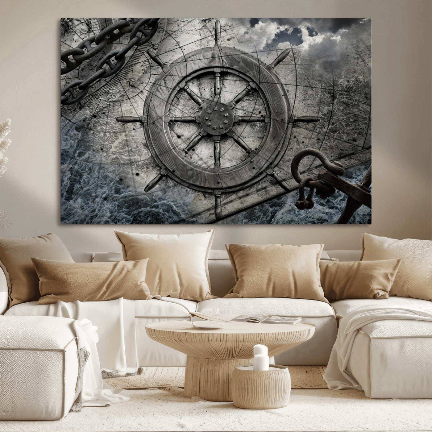 -Ship Steering Wheel Vintage Wall Art Canvas Print