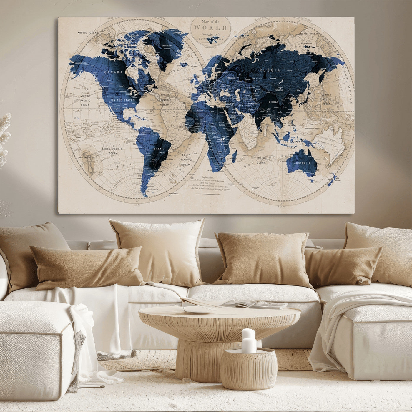 67444-MGV-CV-36X24-Vintage Blue World Map Canvas Wall Art – Antique Style Framed Map Print, Elegant Travel Decor for Home Office or Study