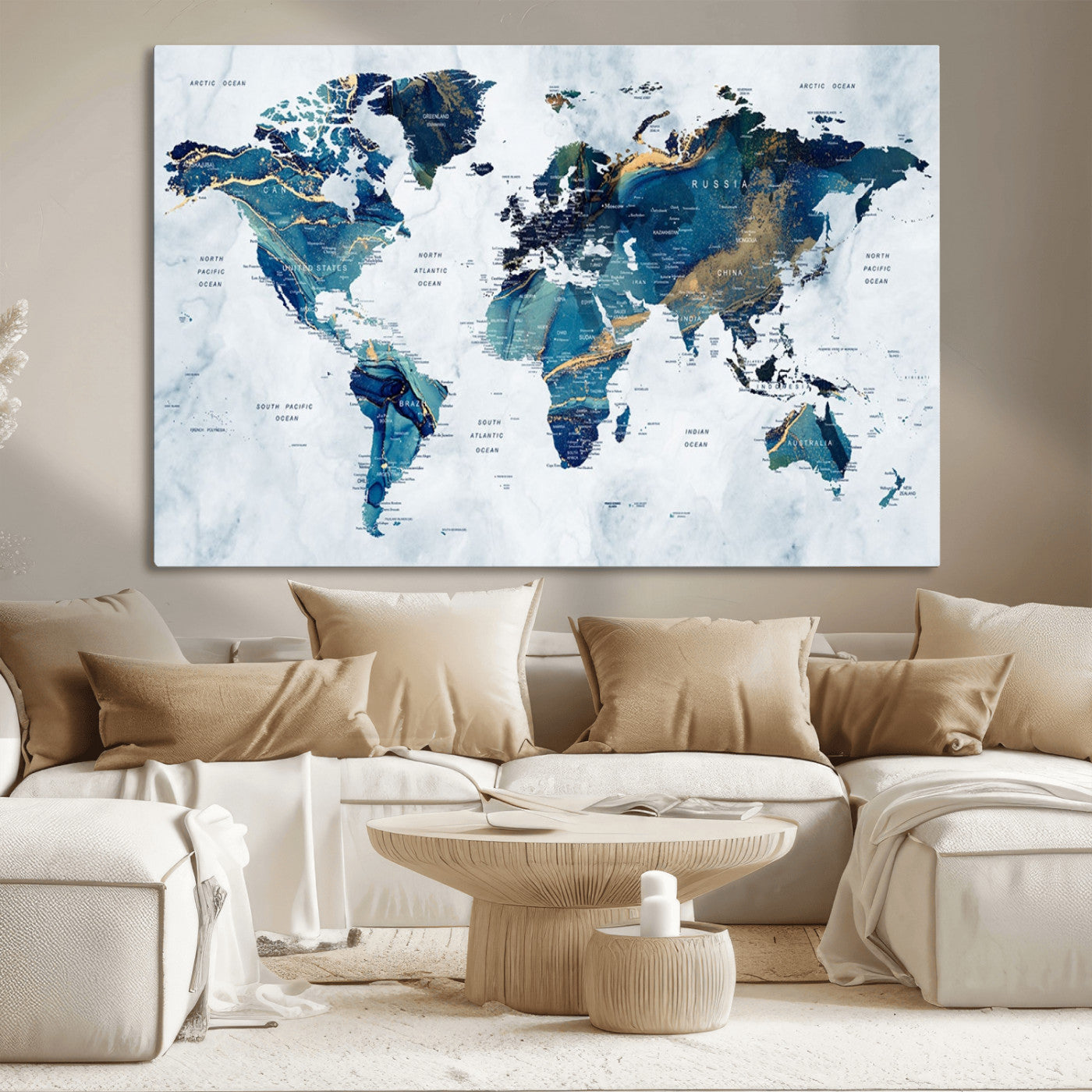 53819-MGV-CV-36X24-Push Pin World Map Canvas Print – Framed Travel Map Wall Art for Couples, Anniversary Gift, Modern Home or Office Decor