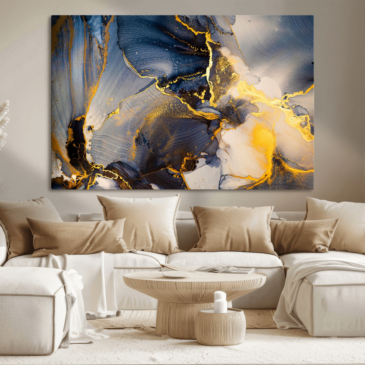 42100-MGV-CV-36X24-Large Abstract Wall Art Print - Gold and Blue Abstract Canvas Wall Art | Fluid Ink Modern Luxury
