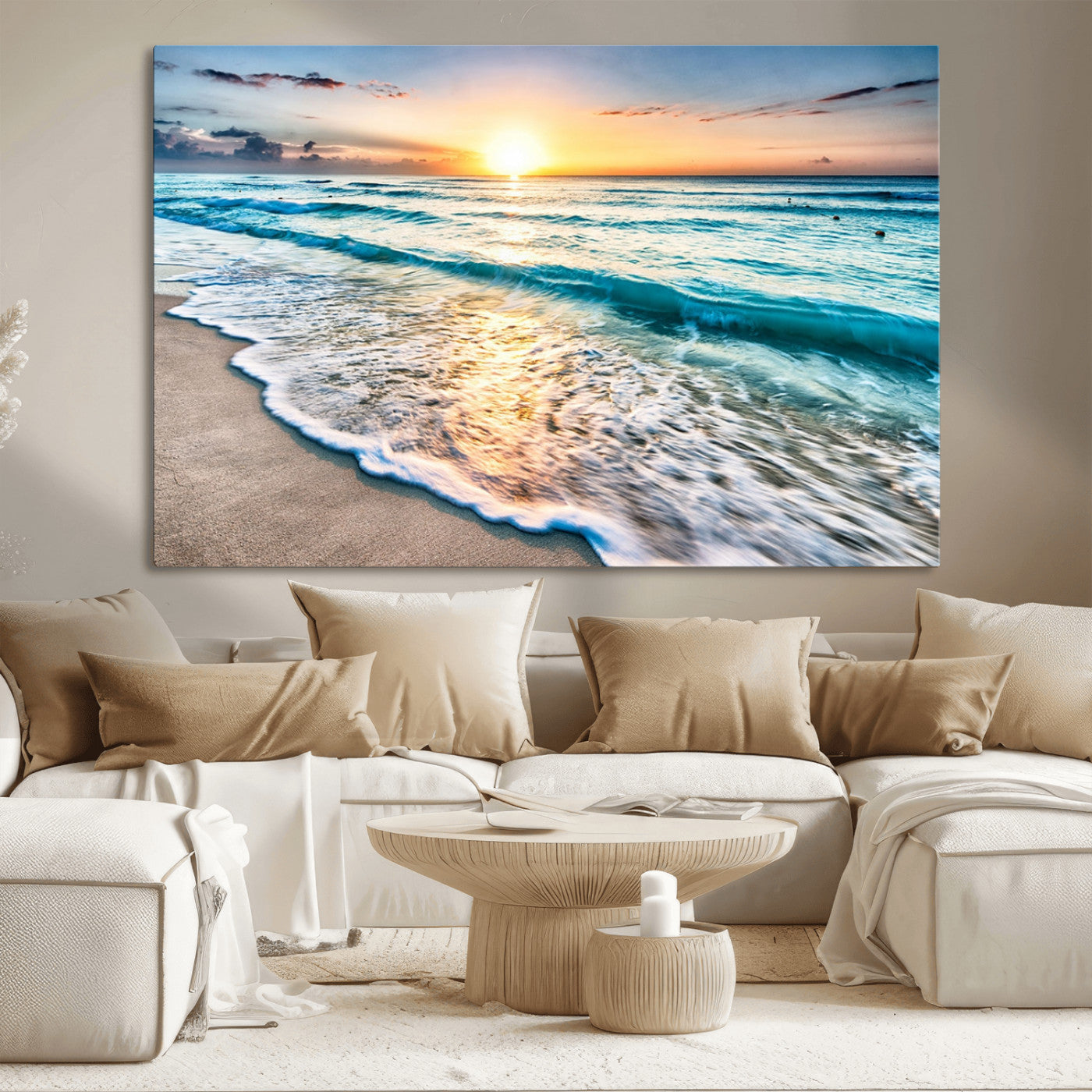 27815-MGV-CV-36X24-Sunset Beach Waves Canvas Wall Art – 5-Panel Ocean Sunset Print – Coastal Decor for Living Room or