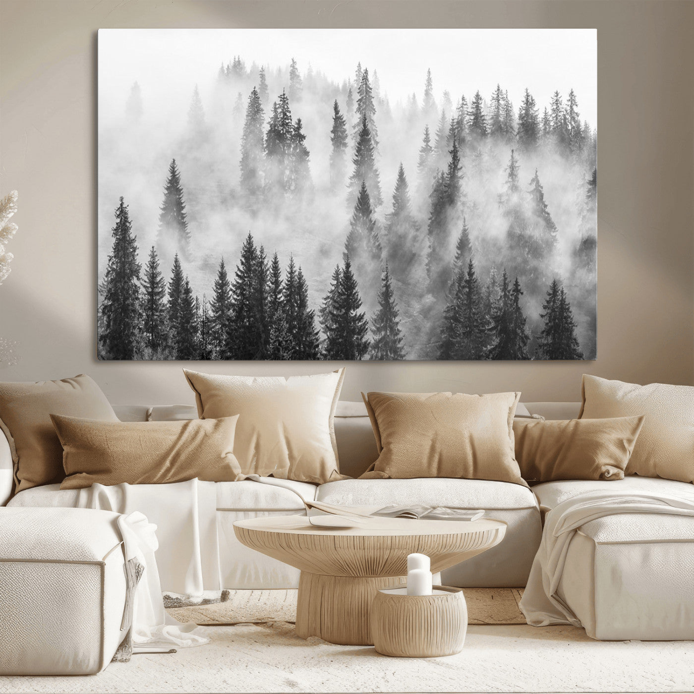 10422-MGV-CV-36X24-Forest Wall Art Print | Foggy Pine Forest Canvas Wall Art - Black and White Nature Decor for Living Room, Office