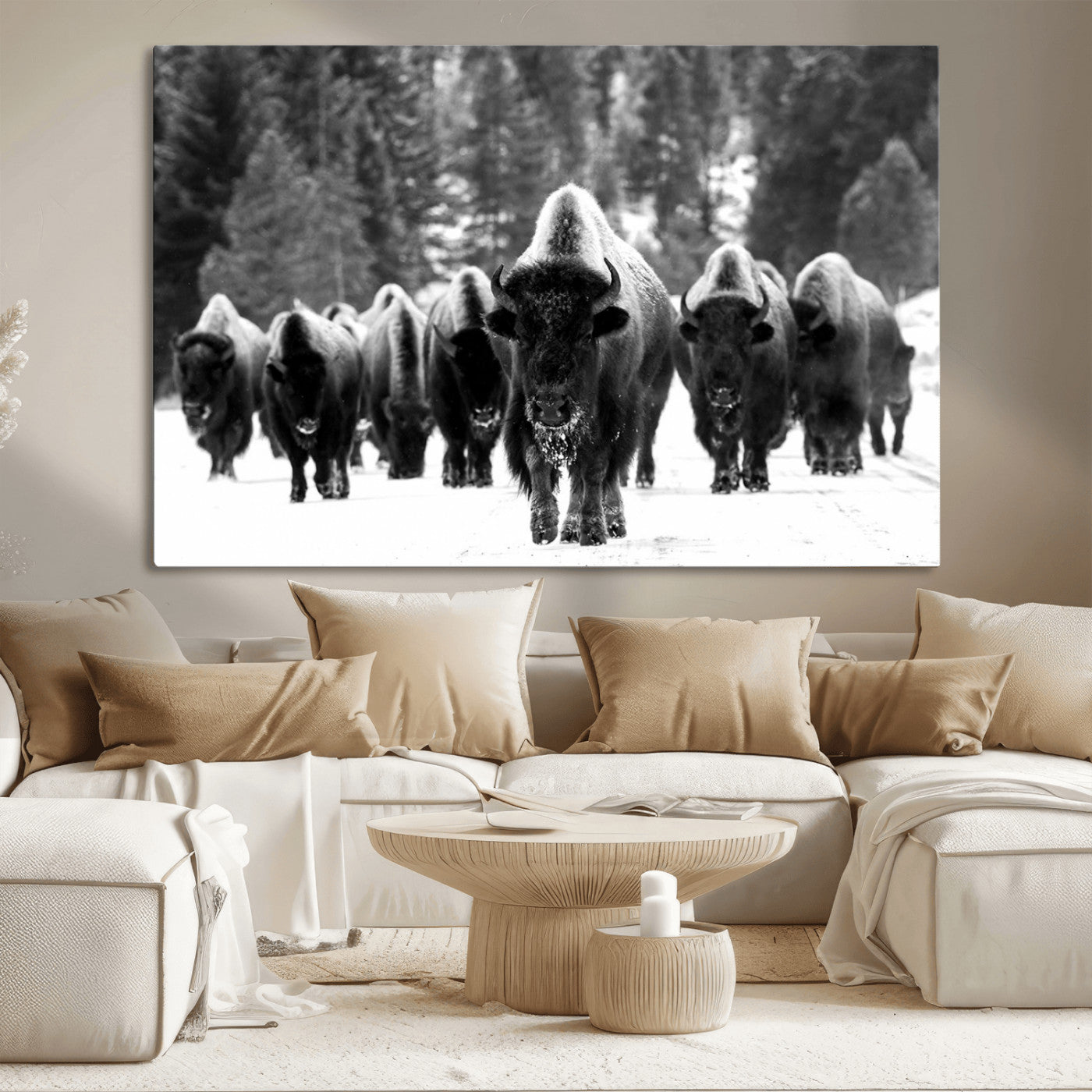 62434-MGV-CV-36X24-Bison Herd in Snow Wall Art Canvas Print | Rustic Western Bison Wall Art for Decor for Living Room,