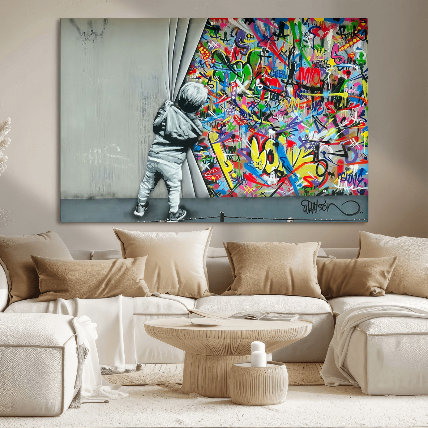 51713-MGV-CV-36X24-Banksy Colorful Street Graffiti Canvas Wall Art Print, Modern Art Triptych, Child and Graffiti Wall,