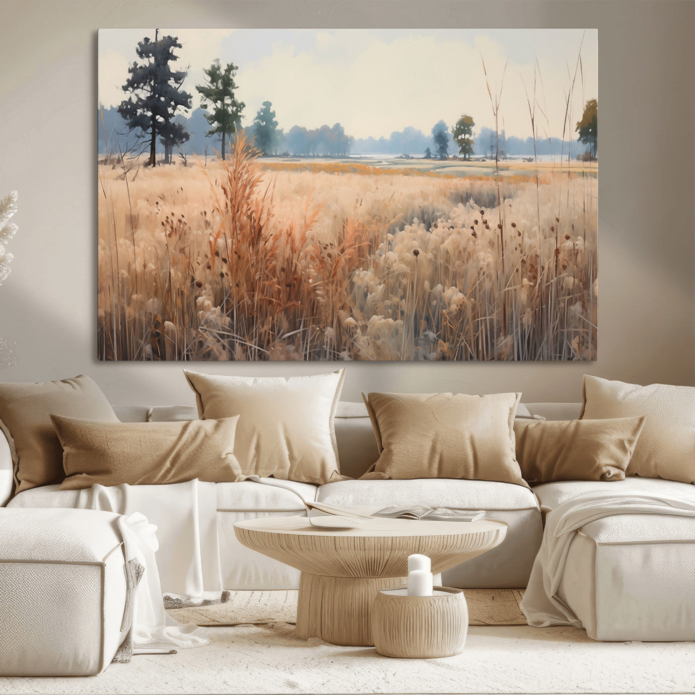 98822-MGV-CV-36X24-Golden Fields Canvas Wall Art Print – Serene Landscape of Nature’s Tranquility in Minimalist Modern