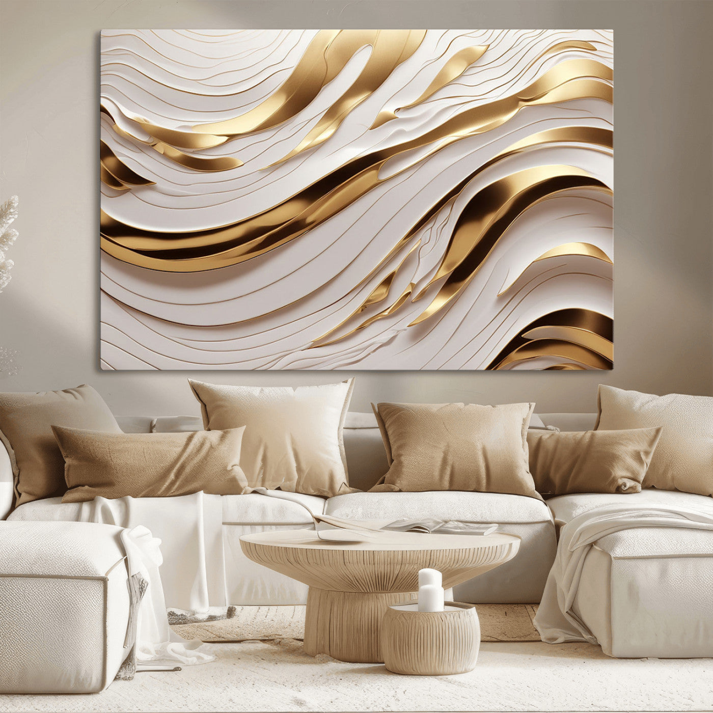 81197-MGV-CV-36X24-Gold and White Abstract Wave Canvas – Elegant Flowing Design with Luxurious Golden Accents –