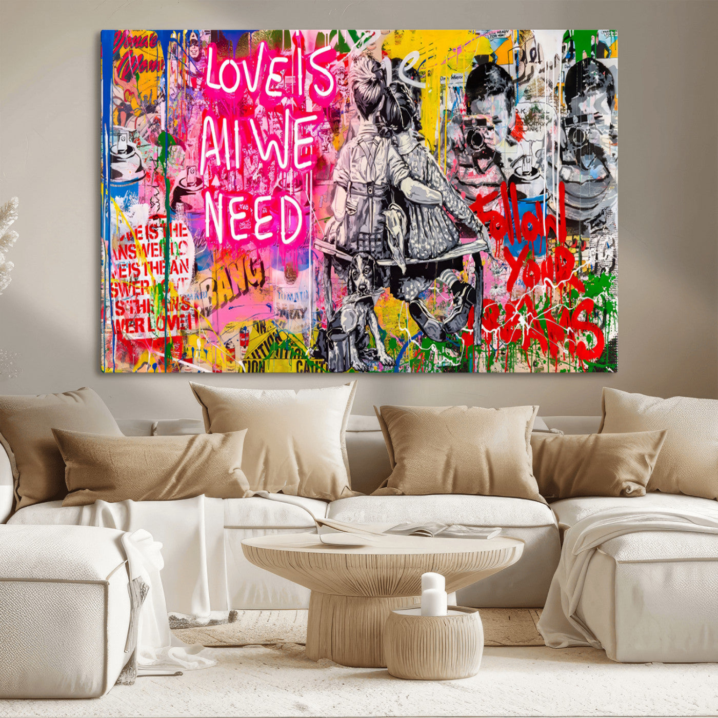 67019-MGV-CV-36X24-Follow Your Dreams & Love is All We Need Graffiti Street Art Triptych | Colorful Urban Wall Art
