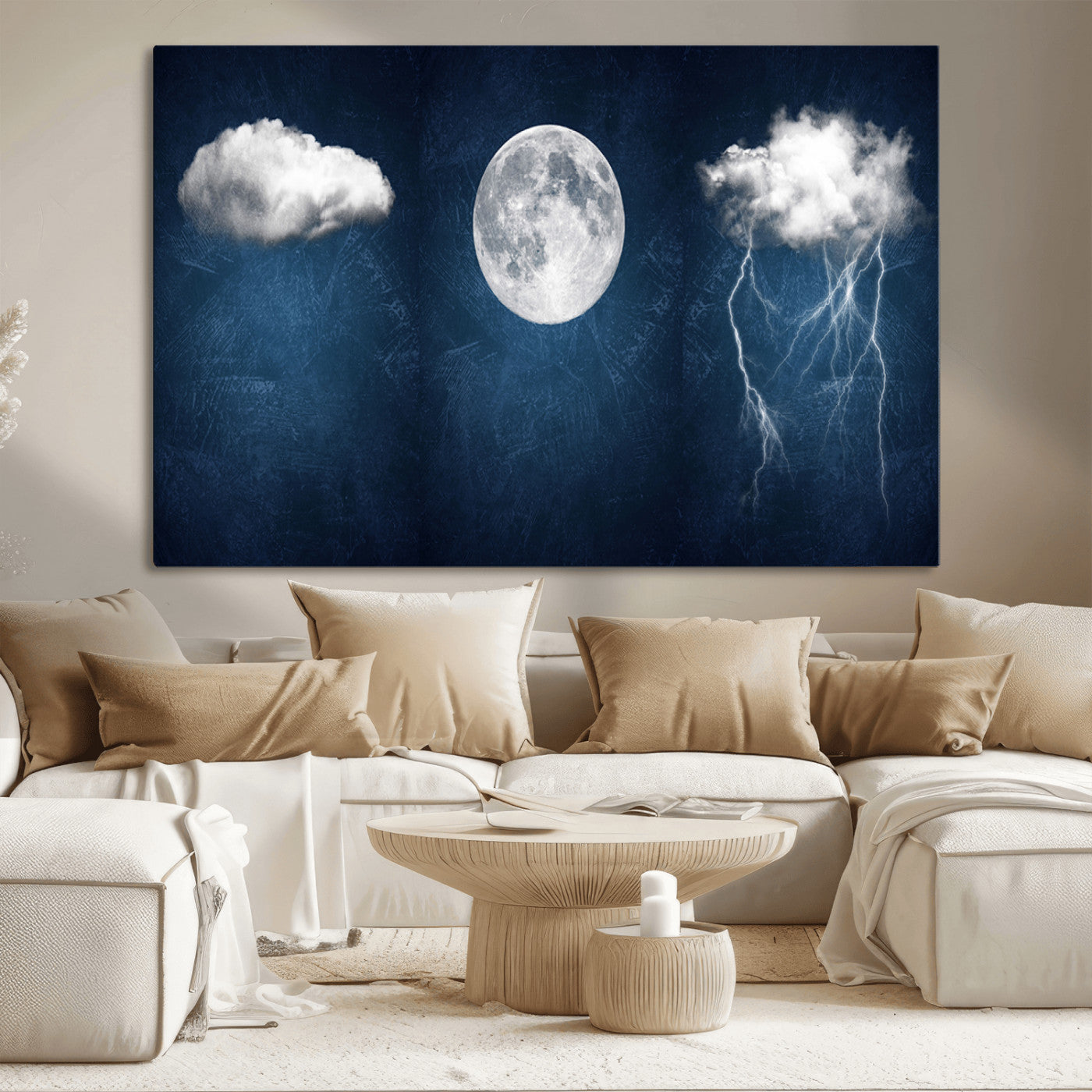 96569-MGV-CV-36X24-Dark Blue Cloud Art, 3 Piece Indigo Blue Wall Art, Aesthetic Surreal Art, Thunderstorm Moon Cloud