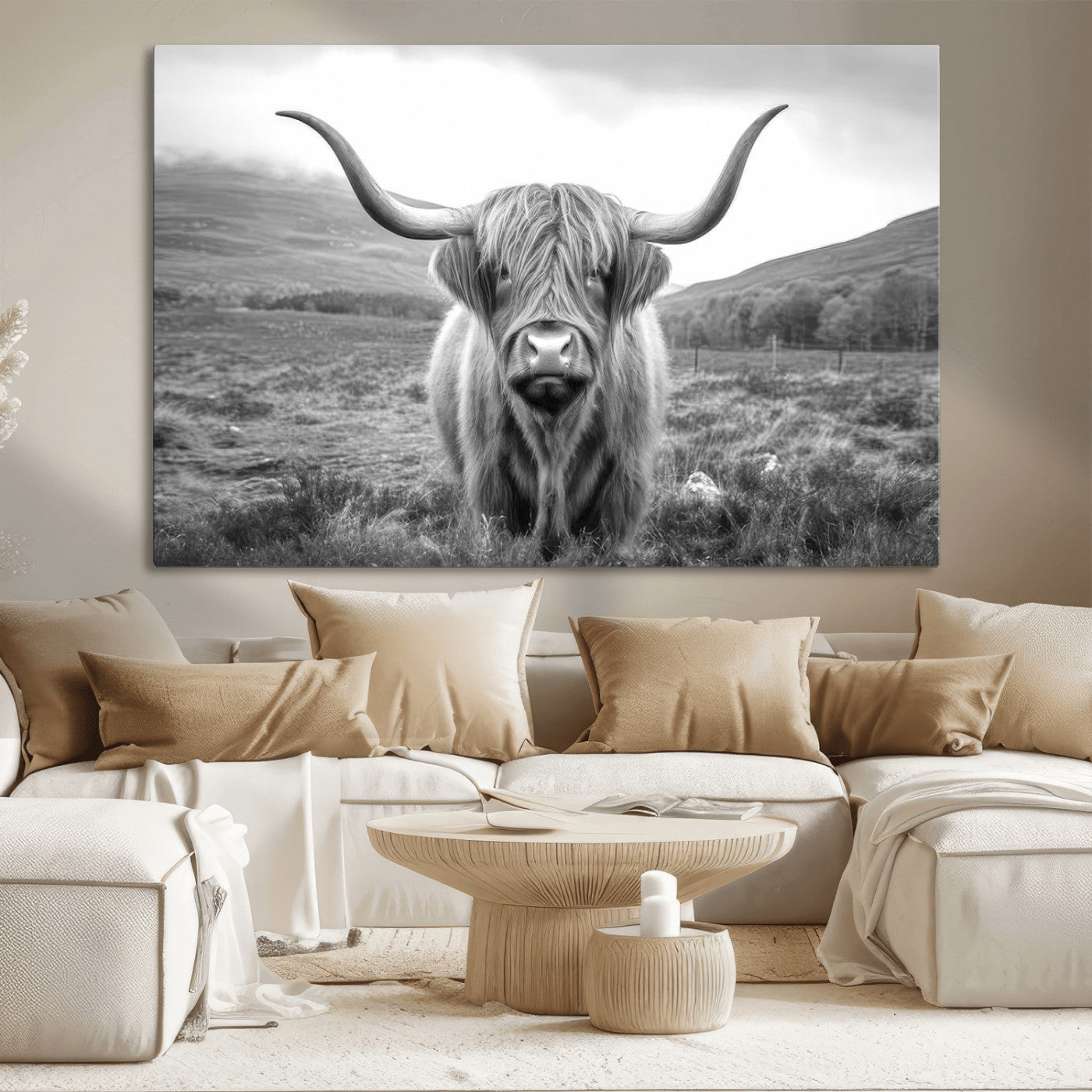 52903-MGV-CV-36X24-Black White Scottish Highland Cow Canvas Farm Wall Art Canvas Print Rustic Animal Art for Home, Office Decor