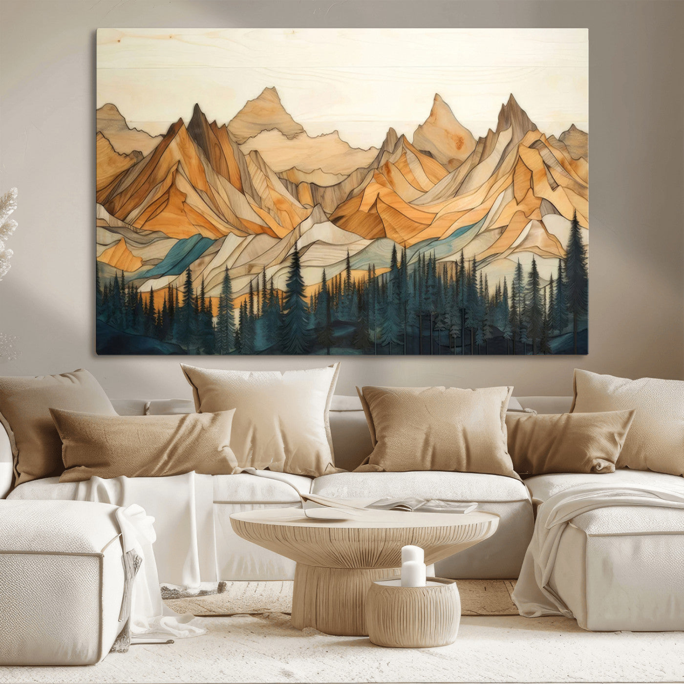 31576-MGV-CV-36X24-Rustic Wood Mountain Wall Art Print | Triptych Giclee Print Featuring Handcrafted Forest and