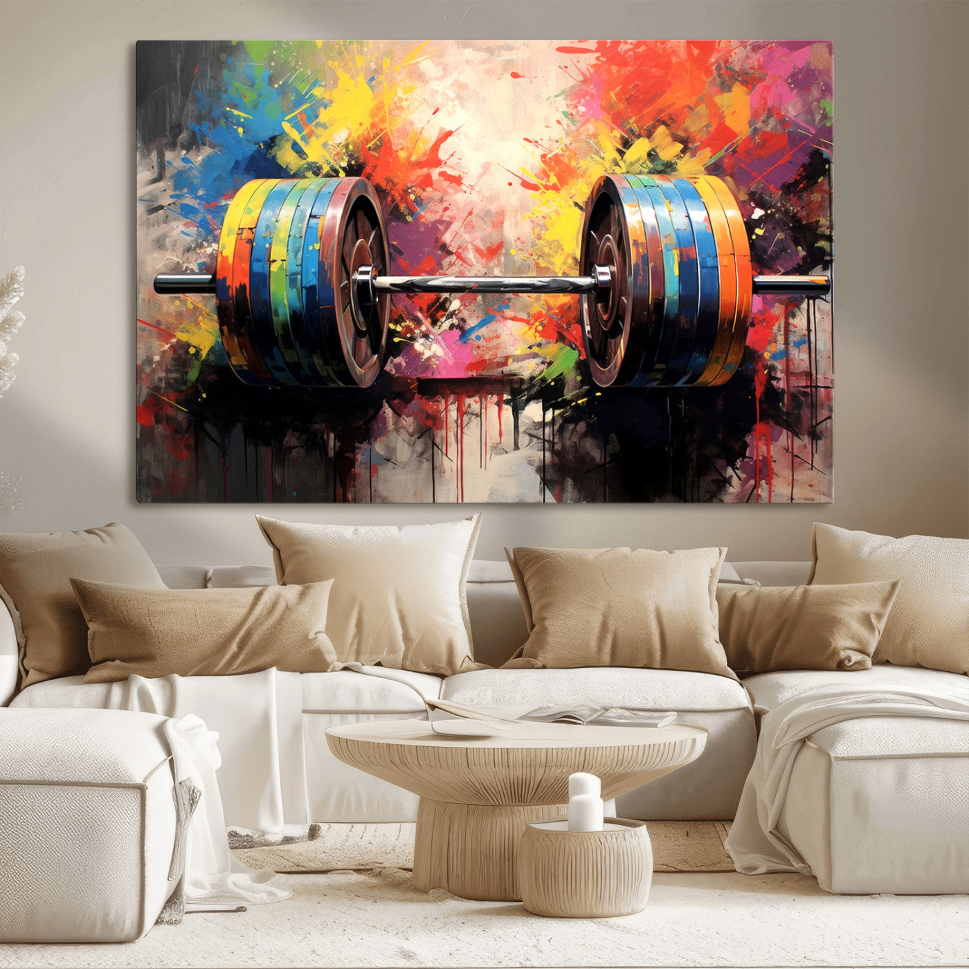 80436-MGV-CV-36X24-Weightlifting Barbell Art Triptych, Bold Abstract Fitness Wall Decor for Gym or Home, Giclee Canvas