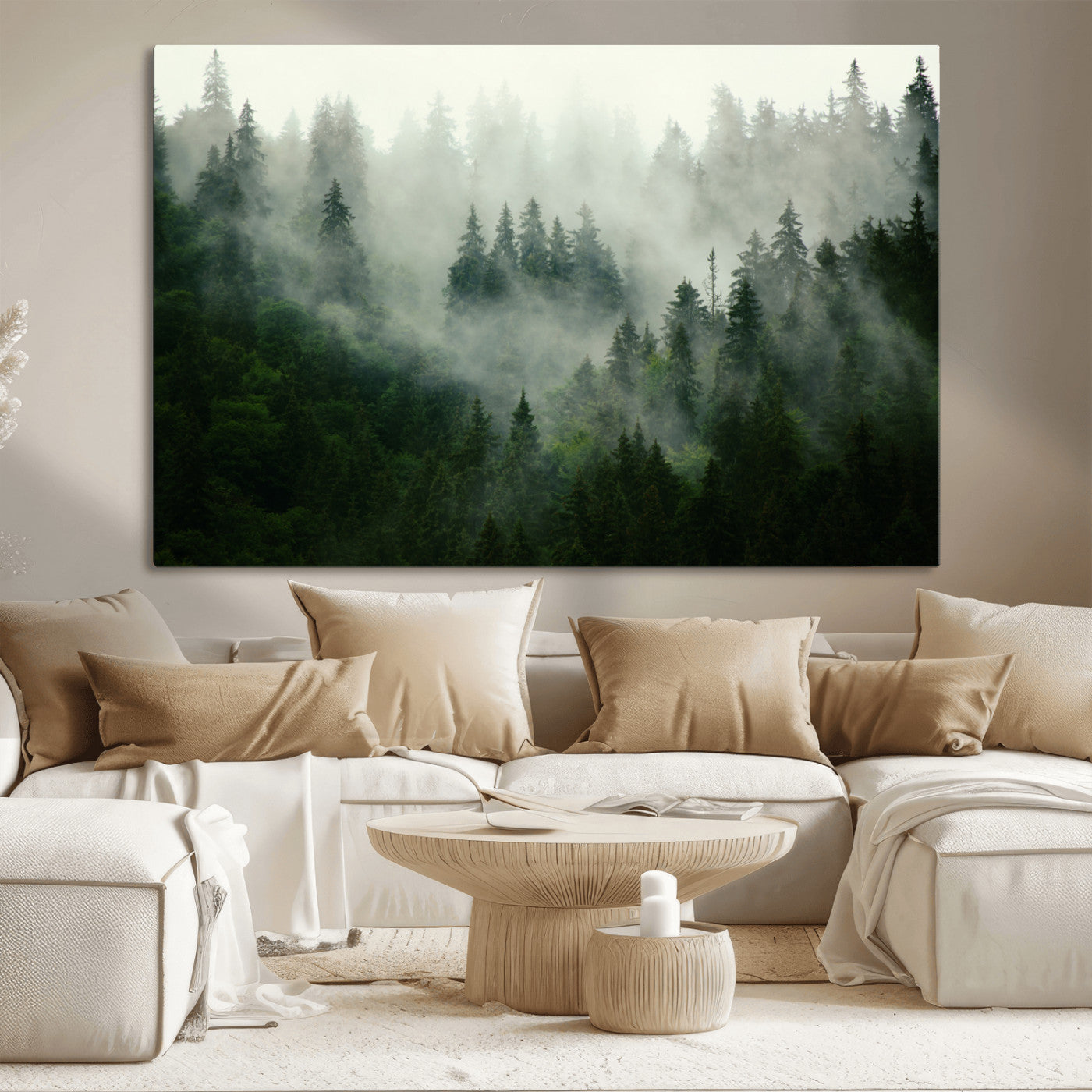 167720496-MGV-CV-36X24-Misty Forest Wall Art – Tranquil Green Woodland Canvas Print, Nature Landscape Decor for Living Room, Bedroom or Office