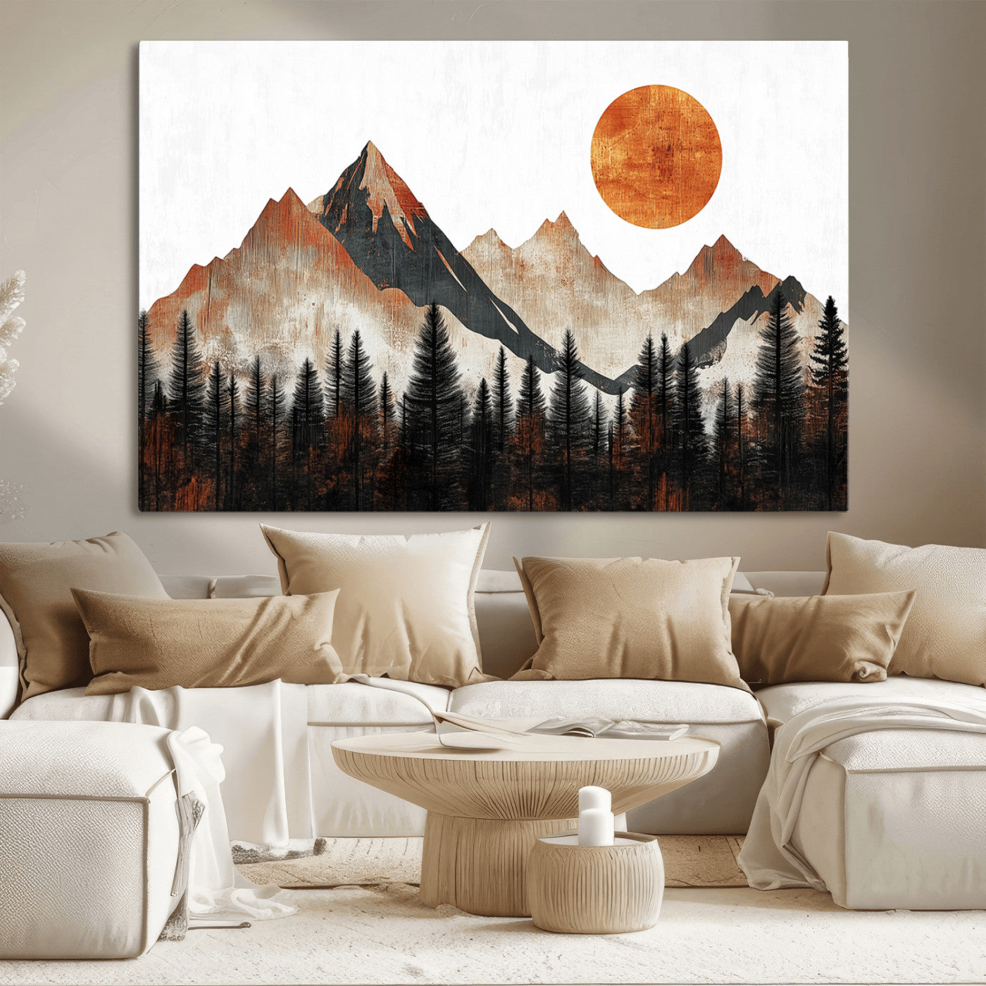 71366-MGV-CV-36X24-Modern Abstract Mountain Canvas Wall Art Print, Abstract Landscape Print, Rustic Sun and Mountains