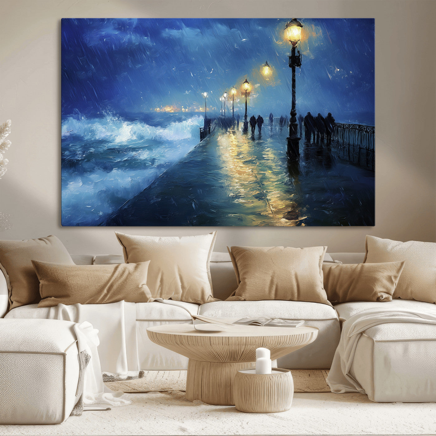 94571-MGV-CV-36X24-Storm Ocean Pier Canvas Wall Art Print - Large Moody Night Scene Print, Seaside Wall Decor