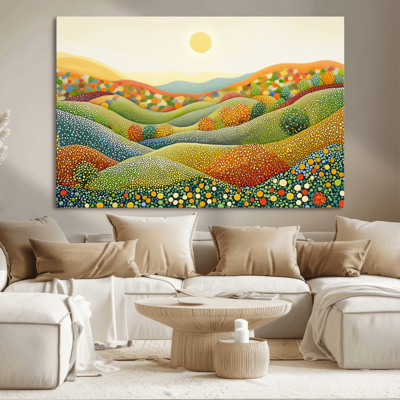 27683-MGV-CV-36X24-YAYOI KUSAMA Colorful Dot Art Landscape Canvas - Framed Abstract Pointillism Inspired by Nature with