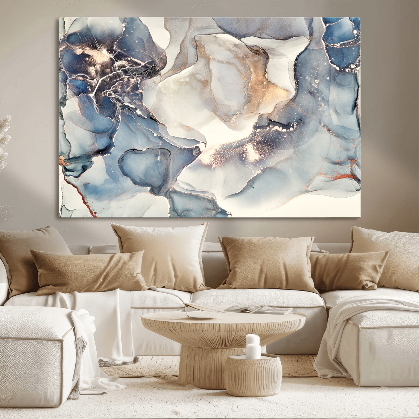 51497-MGV-CV-36X24-Abstract Blue and Gold Canvas Wall Art - Fluid Modern Ink Artwork - Modern Luxury Wall Decor for