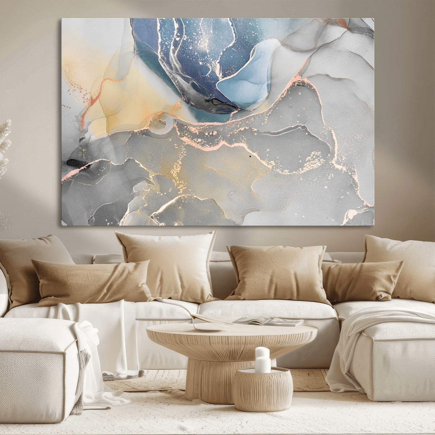 18176-MGV-CV-36X24-Large Abstract Blue and Gold Canvas Wall Art | Fluid Ink Artwork Print | Luxury Wall Decor for