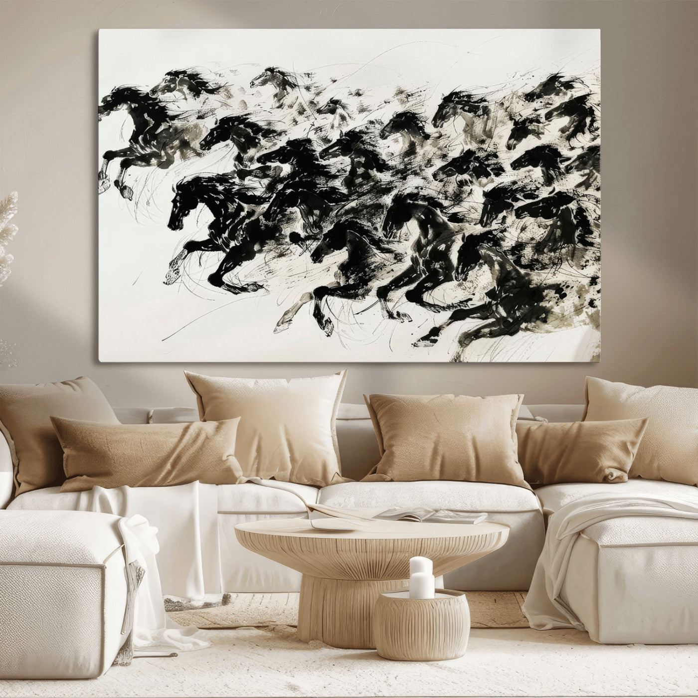 MGV-CV-36X24 - Abstract Horse Wall Art Canvas Print - Dynamic Black Ink Horse Print - Modern Equine Wall Decor for