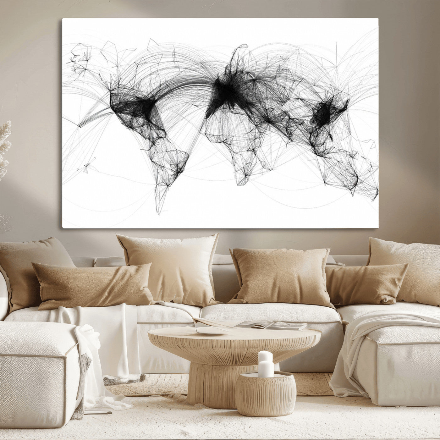 50136-MGV-CV-36X24-Abstract World Map Wall Art – Framed Geometric Line Canvas Artwork, Modern Global Design, Contemporary Decor for Home, Office