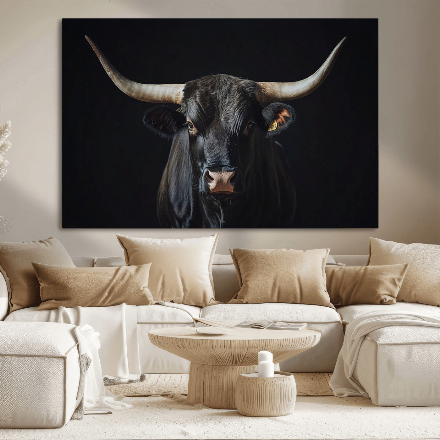 48065167-MGV-CV-36X24-Majestic Longhorn Bull Wall Art Canvas Print – Dark Background Western Ranch Portrait Artwork for Home, Office