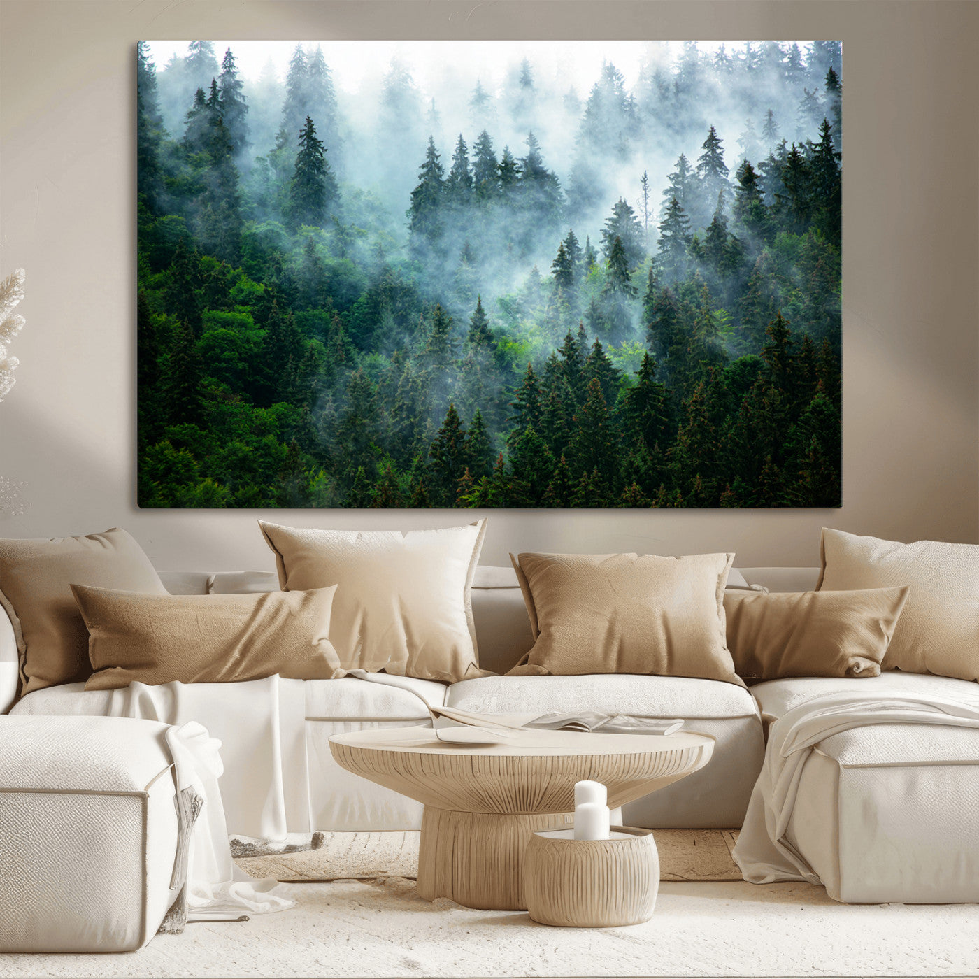 17393683-MGV-CV-36X24-Misty Forest Wall Art Canvas Print – Framed Foggy Mountain Scene with Serene Nature Artwork for Home, Office, Living Room