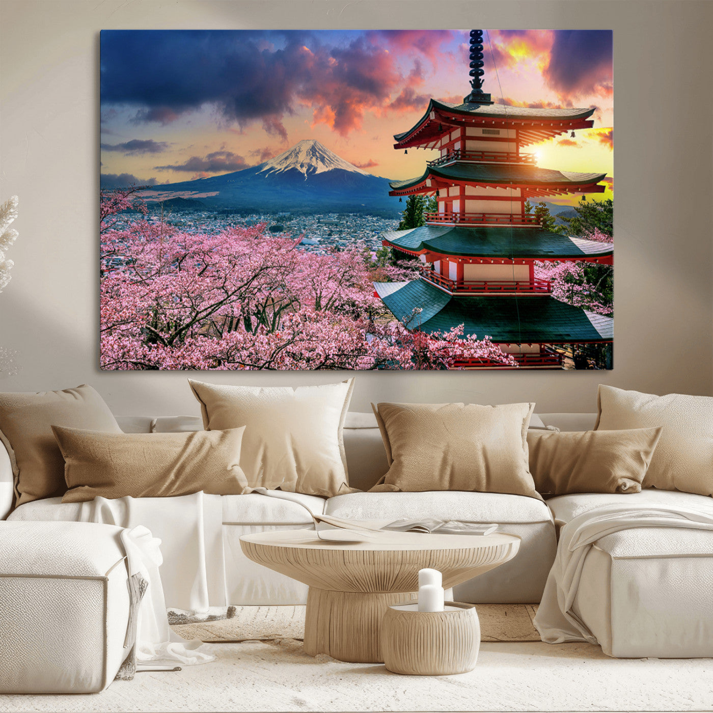 -Mount Fuji & Cherry Blossom Wall Art Canvas Print – Iconic Japanese Landscape, Sakura Pagoda Sunset,