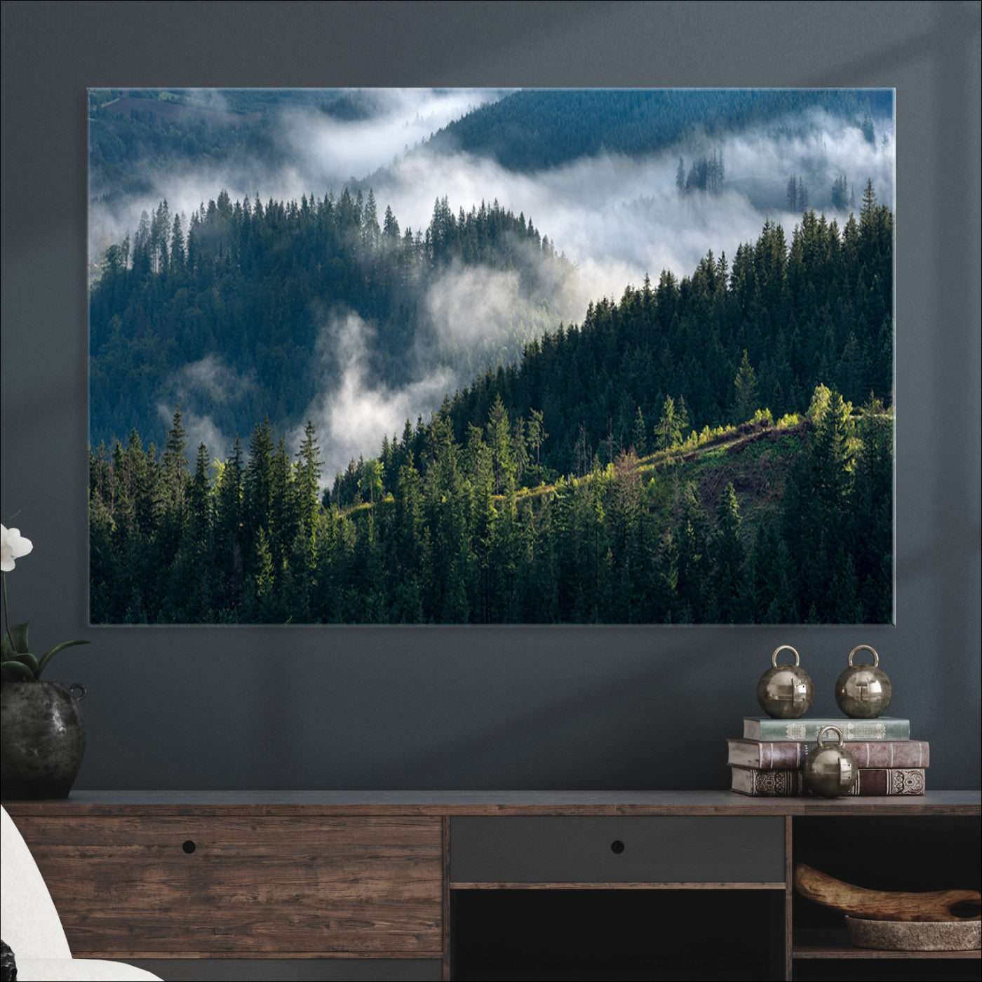 84598503-MGV-CV-36X24-Misty Forest Wall Art Canvas Print – Pine Hills Foggy Woodland Moody Atmosphere Nature Artwork for Home Office