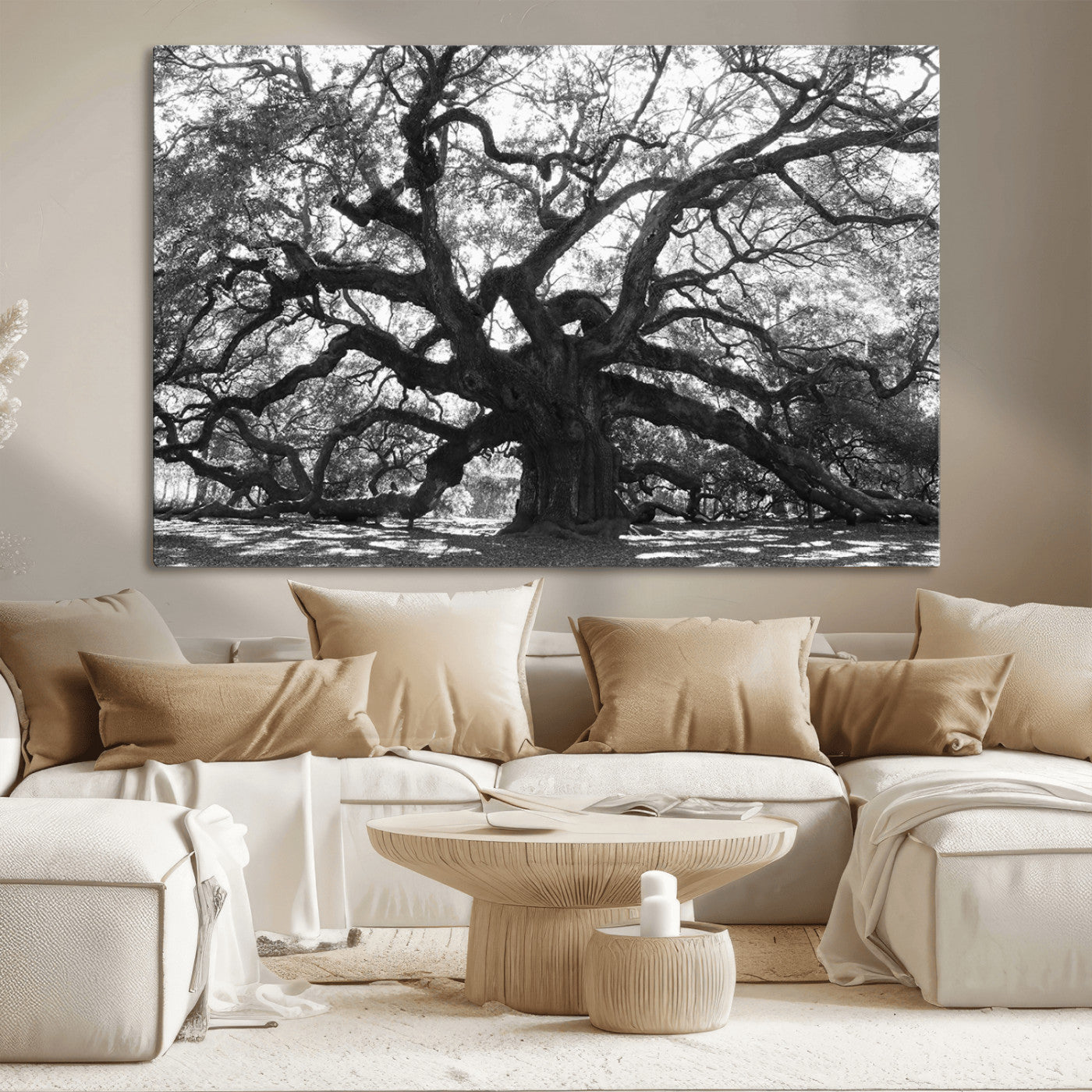81655611-MGV-CV-36X24-Ancient Oak Wall Art Canvas Print – Gnarled Tree Twisted Branches Dramatic Sky Moody Nature Artwork for Home Office