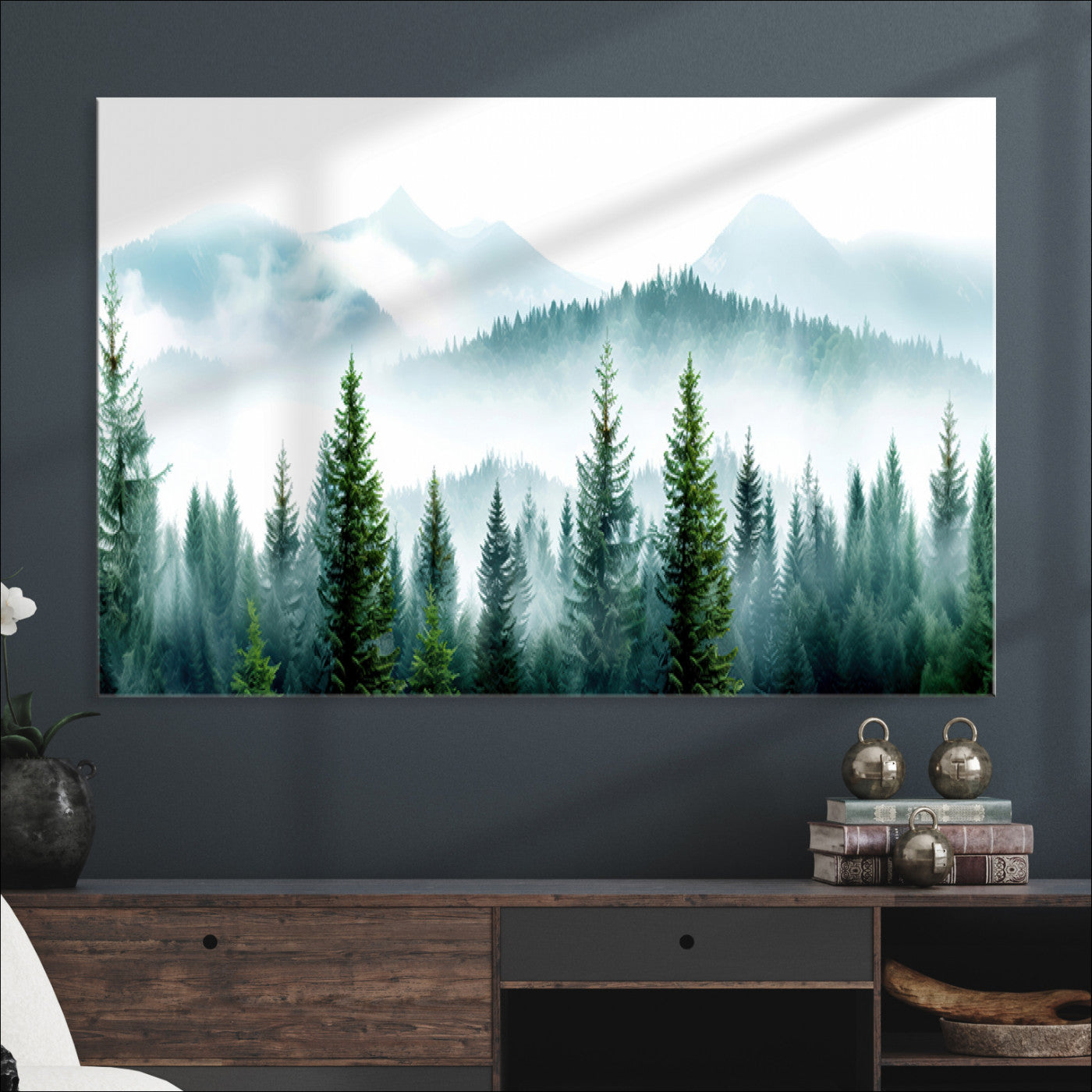 16716676-MGV-CV-36X24-Pine Forest Wall Art Canvas Print – Misty Mountains Foggy Trees Serene Woodland Nature Artwork for Home Office