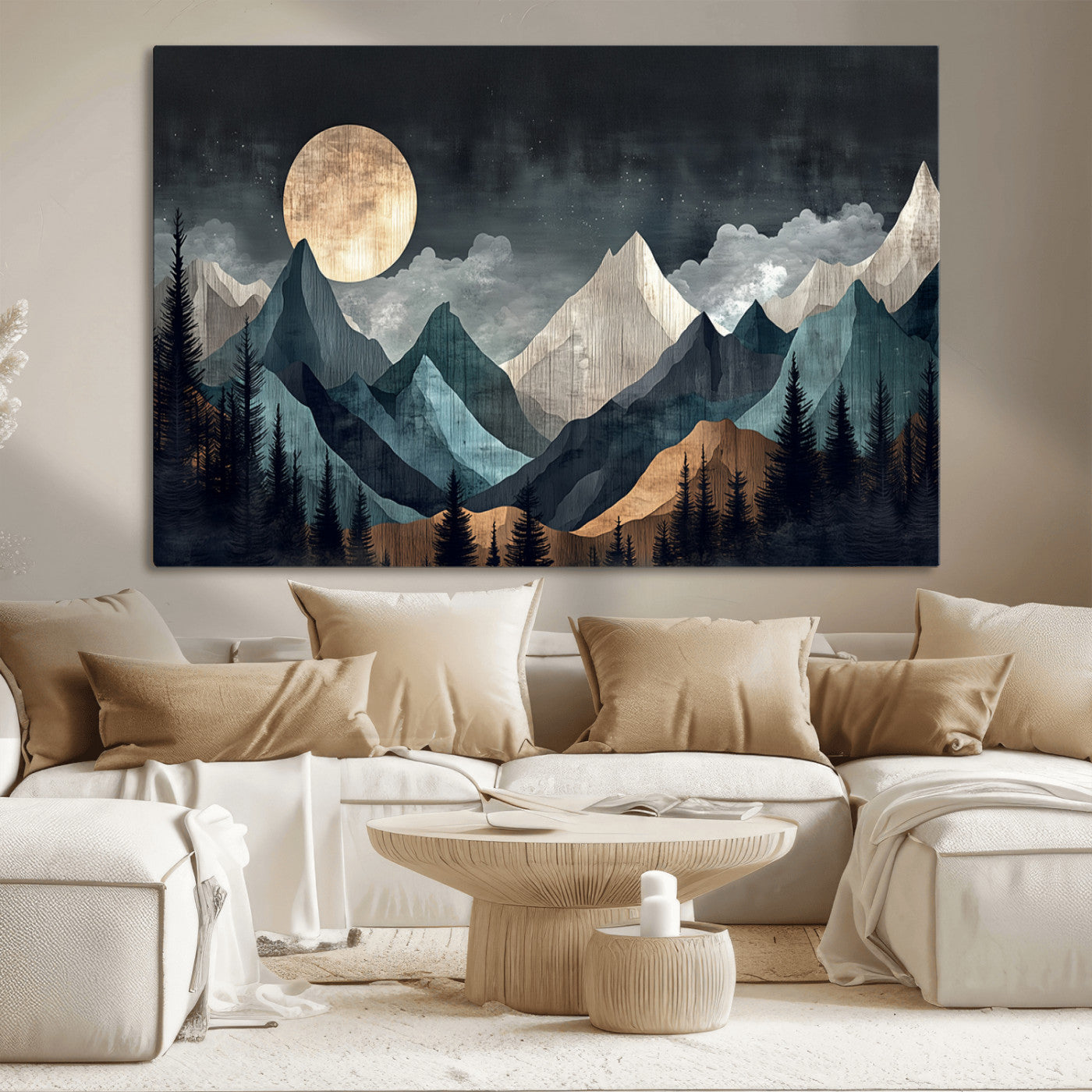 11060882-MGV-CV-36X24-Moonlit Mountain Wall Art Canvas Print – Silhouetted Pines Layered Peaks Tranquil Sky Mist Silver Light Nature Artwork for Home
