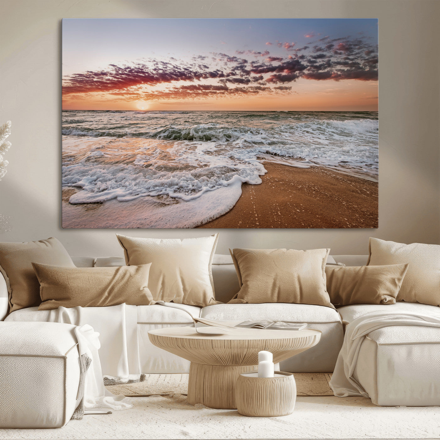 39846389-MGV-CV-36X24-Ocean Sunset Wall Art Canvas Print – Framed Sandy Shore Gentle Waves Coastal Landscape Minimalist Artwork for Home, Office