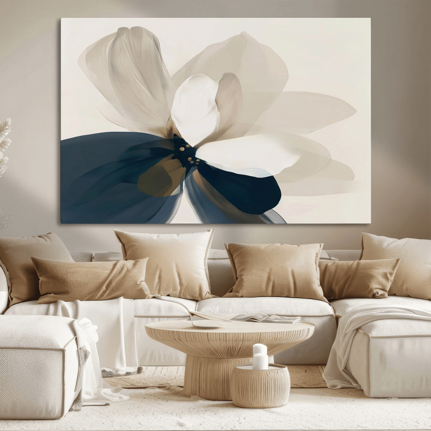 -Minimal Flower Wall Art Canvas Print, Framed Flower Drawing Art Picture Print, Beige Bloom Perfect Modern Botanical Decor Artwork