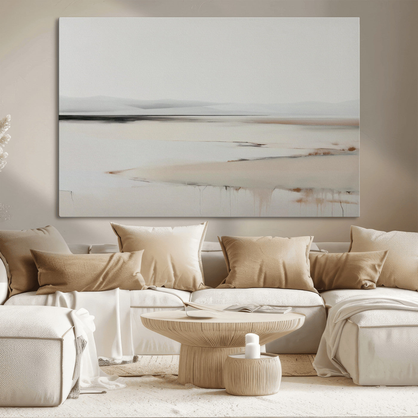 89410095-MGV-CV-36X24-Minimalist Landscape Wall Art Canvas Print – Framed Soft Horizon Abstract Seascape Earthy Tones Artwork for Home Office