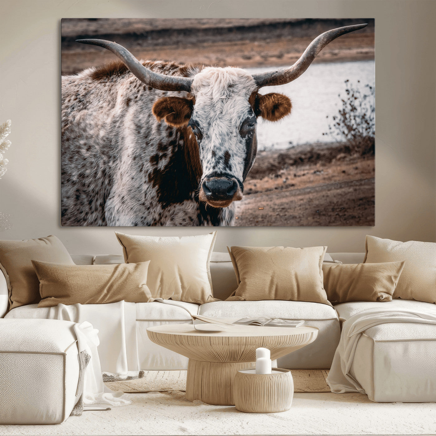 58386760-MGV-CV-36X24-Texas Longhorn Wall Art Canvas Print, Framed Spotted Cow Art Picture Print, Horned Cattle Perfect Rustic Western Decor Artwork