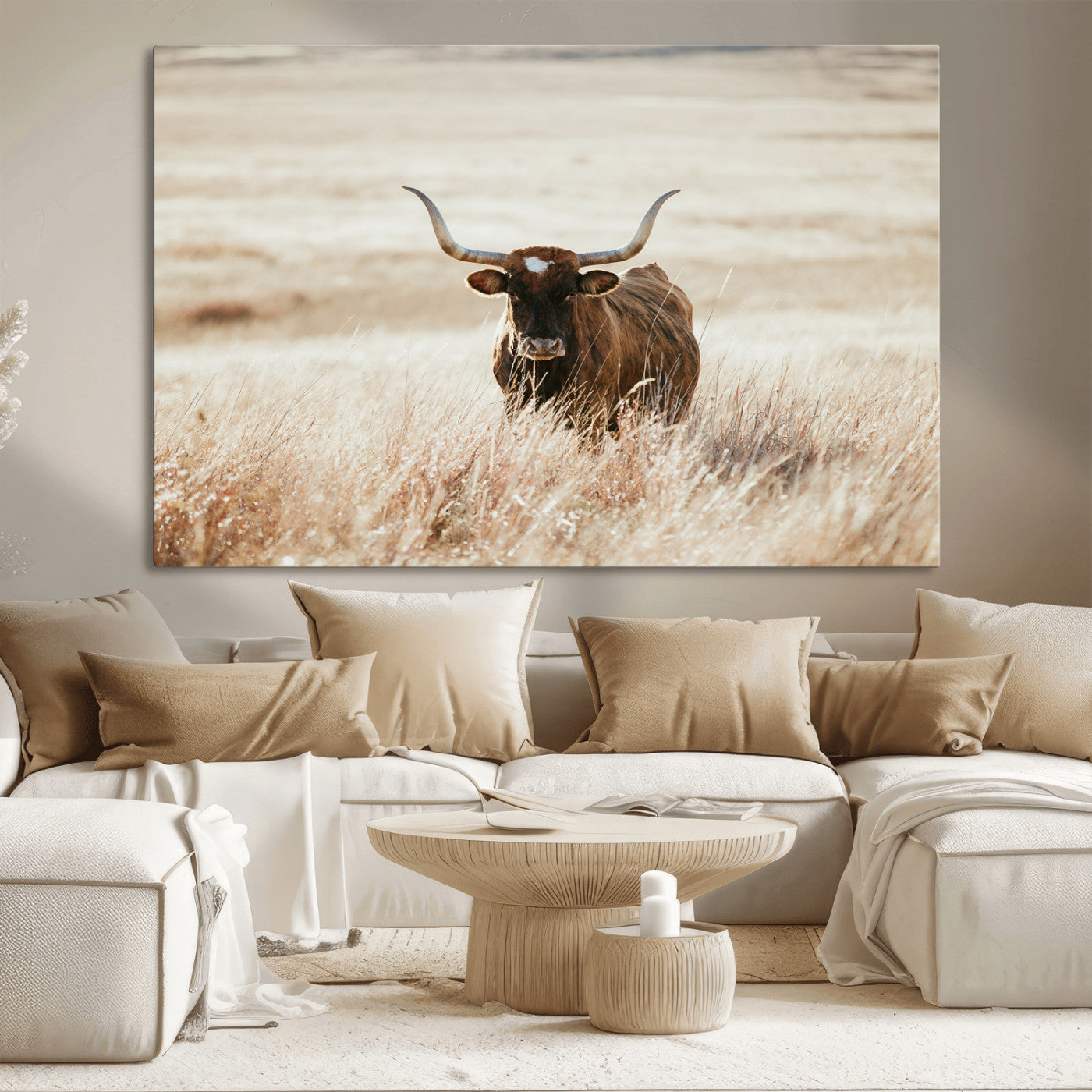 15937933-MGV-CV-36X24-Texas Longhorn Wall Art Canvas Print, Framed Brown Cattle Art Picture Print, Horned Bull Perfect Rustic Western Decor Artwork