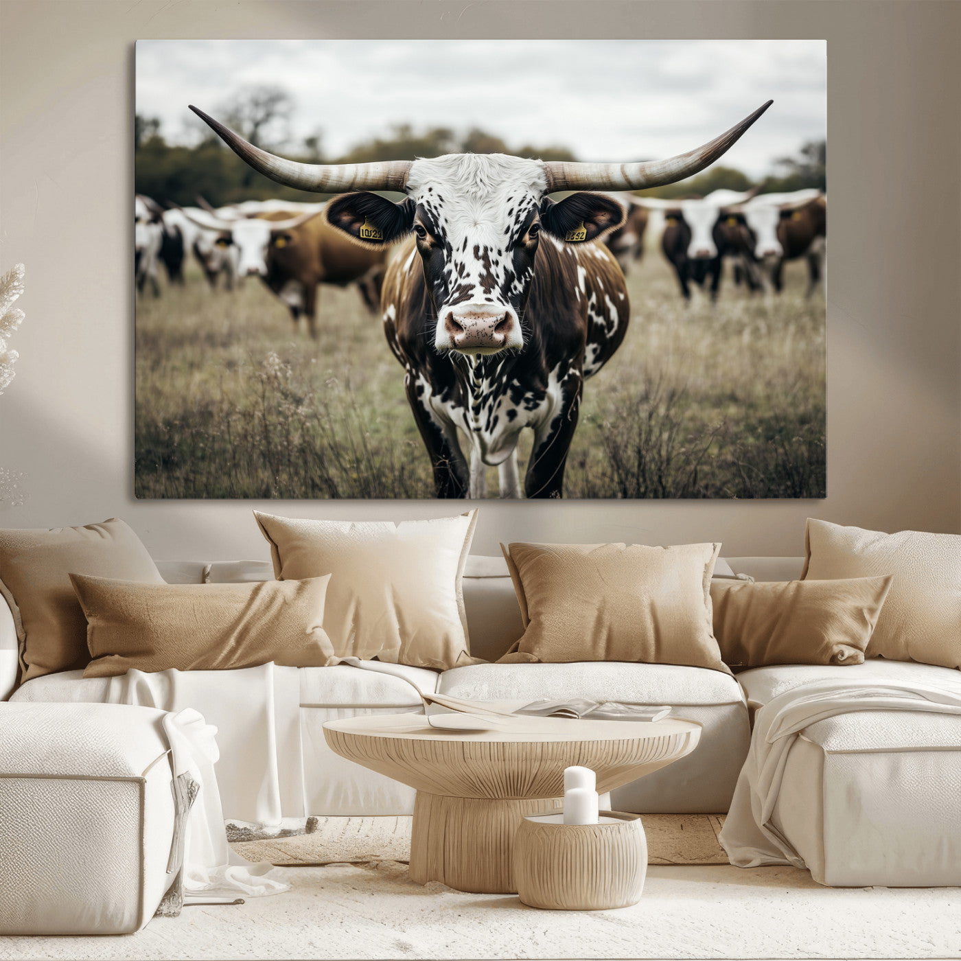 MGV-CV-36X24 - Majestic Longhorn Cow Wall Art – Canvas Print of Intricate Fur & Sharp Horns Earthy Tones Serene Landscape, Rustic Charm Decor for Living Room, Office or Bedroom
