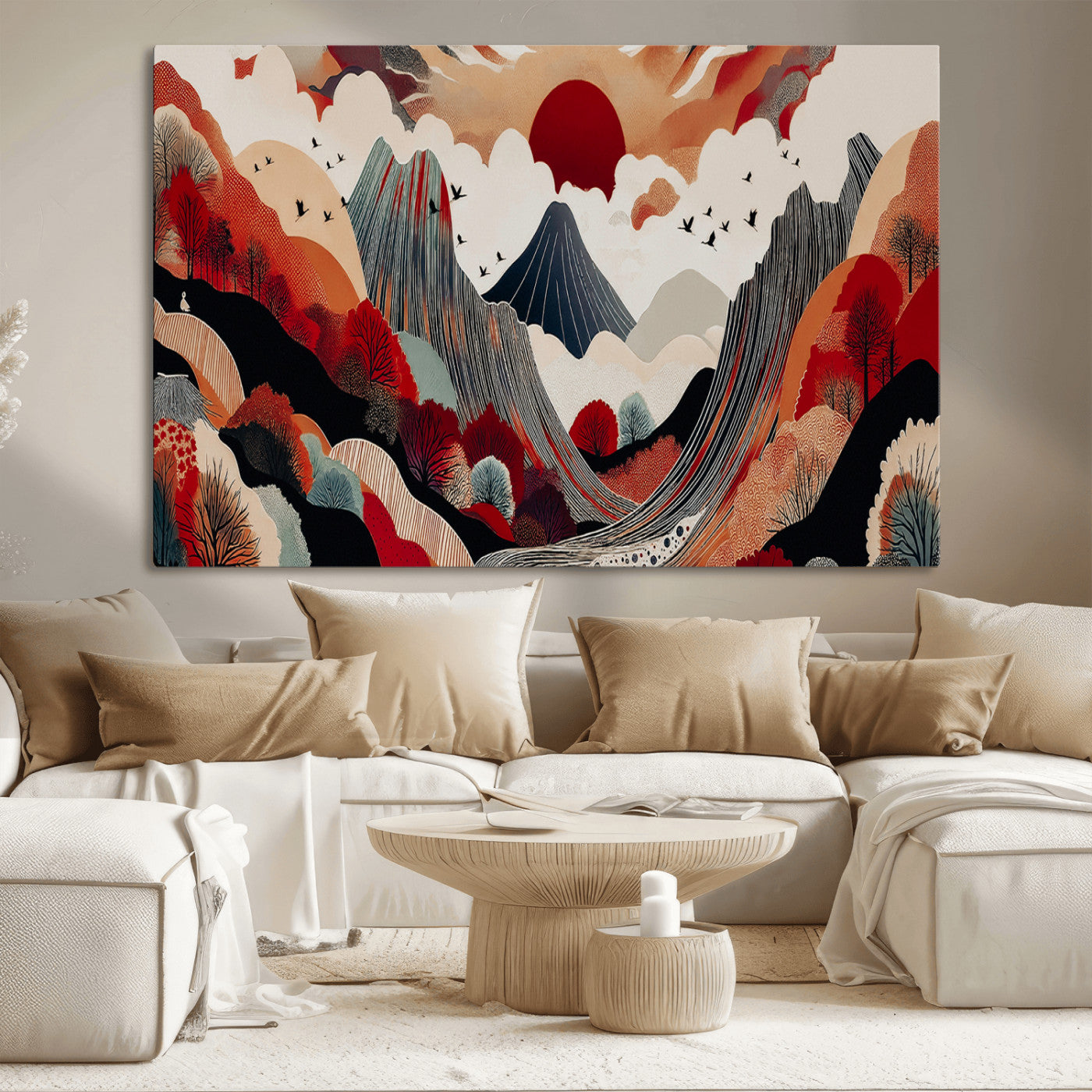 49034575-MGV-CV-36X24-Abstract Mountain Wall Art Canvas Print – Vibrant Stylized Landscape Colorful Peaks Nature Artwork for Home Office