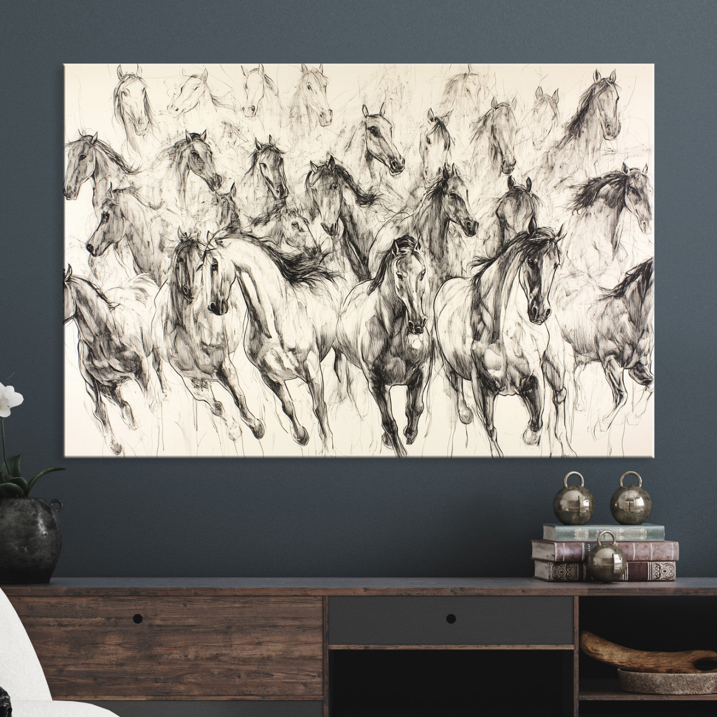 19433417-MGV-CV-36X24-Running Horses Wall Art Canvas Print – Framed Galloping Herd Dynamic Equestrian Sketch Nature Artwork for Home Office