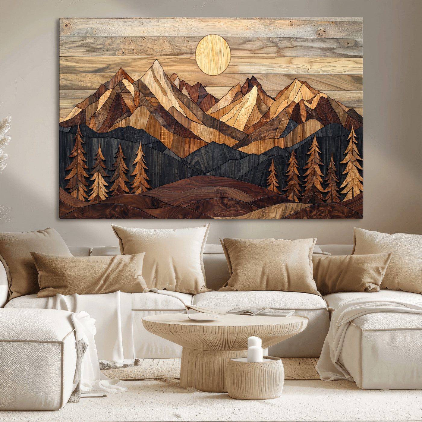 -Wood Mountain Landscape Wall Art Canvas Print, Framed Sunset Hills Art Picture Print, Abstract Nature Perfect Boho Decor Artwork