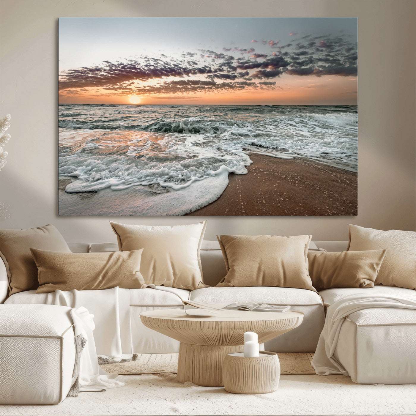 40632752-MGV-CV-36X24-Ocean Sunset Wall Art Canvas Print – Framed Beach Waves Scene with Coastal Artwork for Home, Office, Living Room