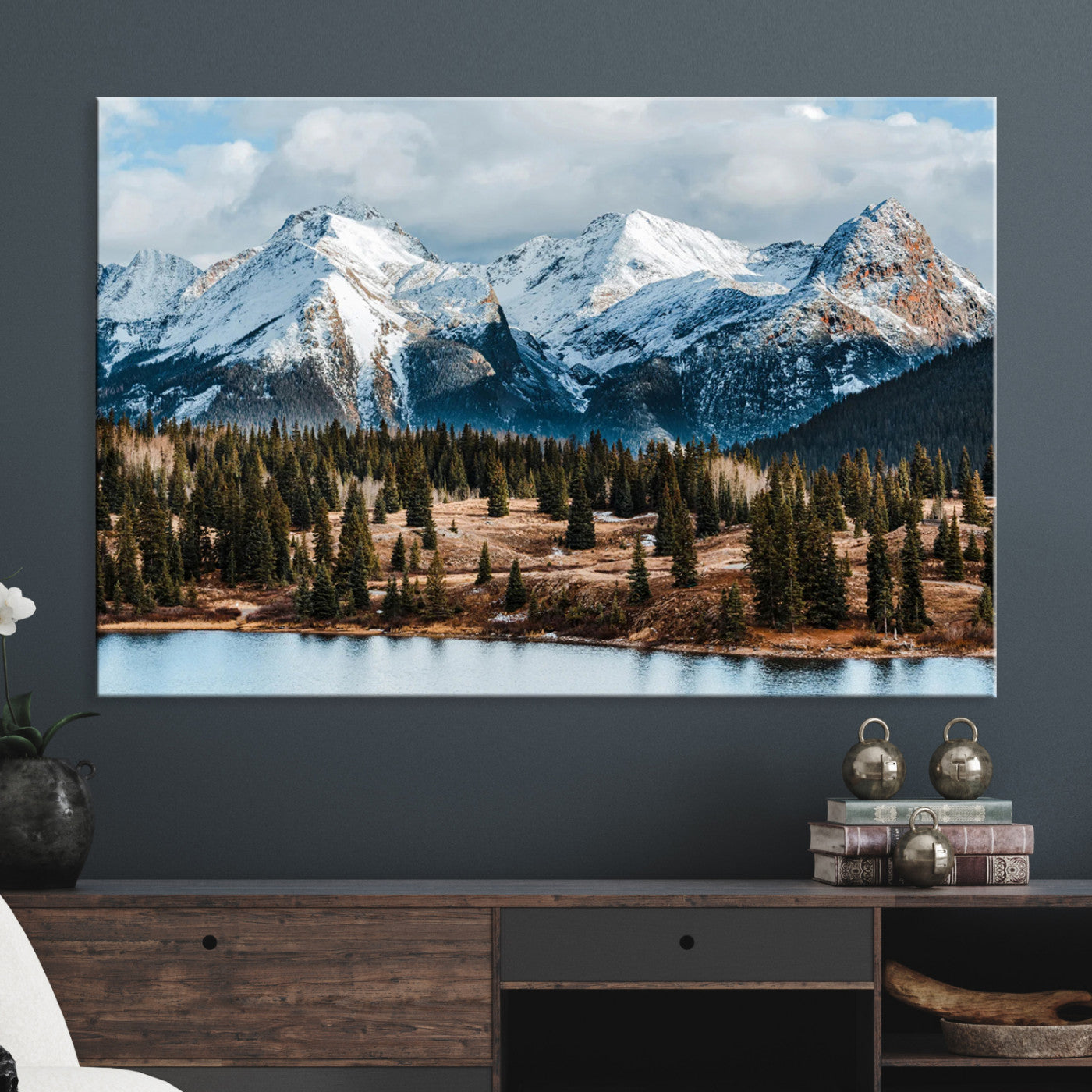 -Snowy Peaks Wall Art Canvas Print, Framed Alpine Lake Art Picture Print, Pine Forest Perfect Alpine