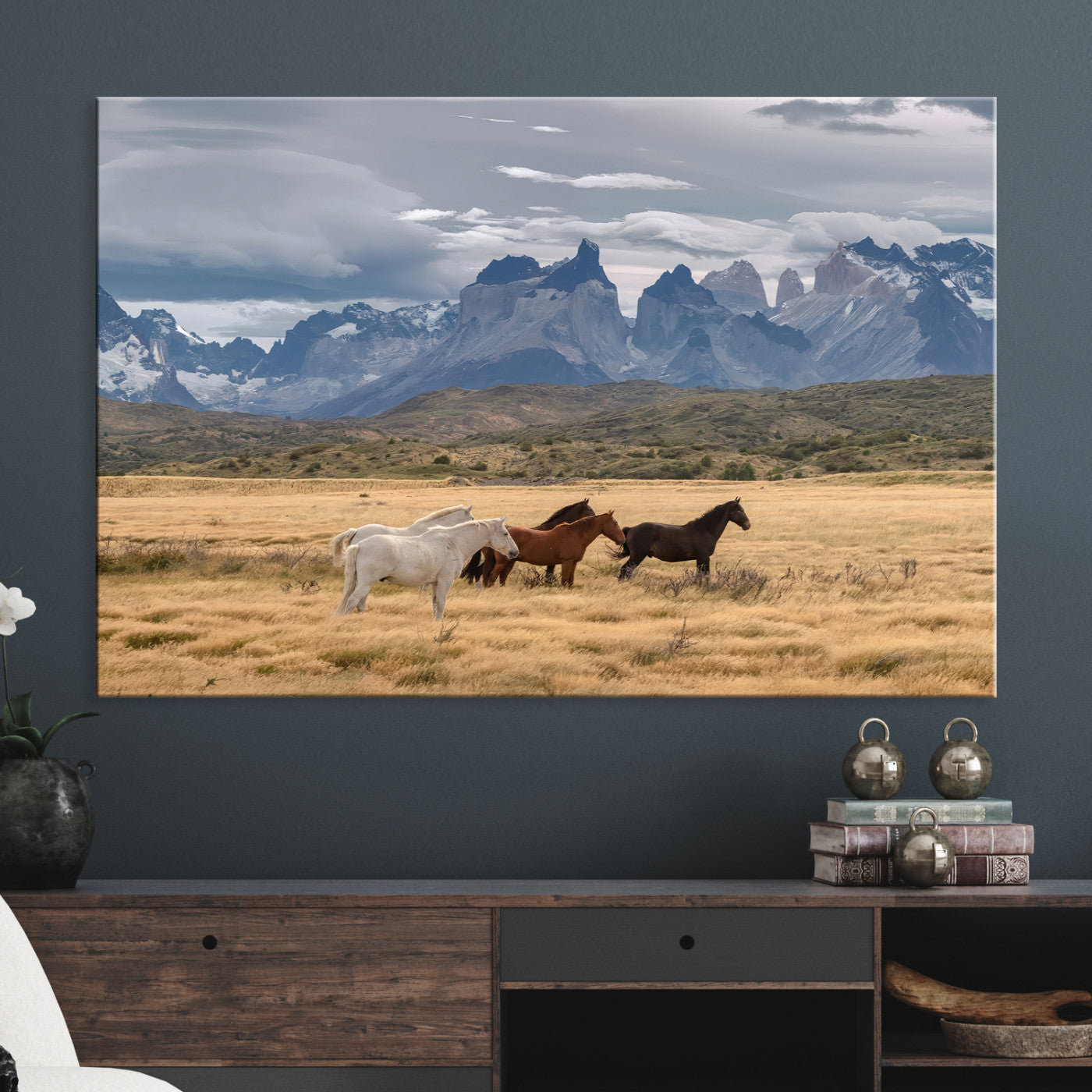 69960232-MGV-CV-36X24-Horses Grazing Wall Art Canvas Print – Framed Mountain Field Scenic Landscape Cloudy Sky Nature Artwork for Home Office