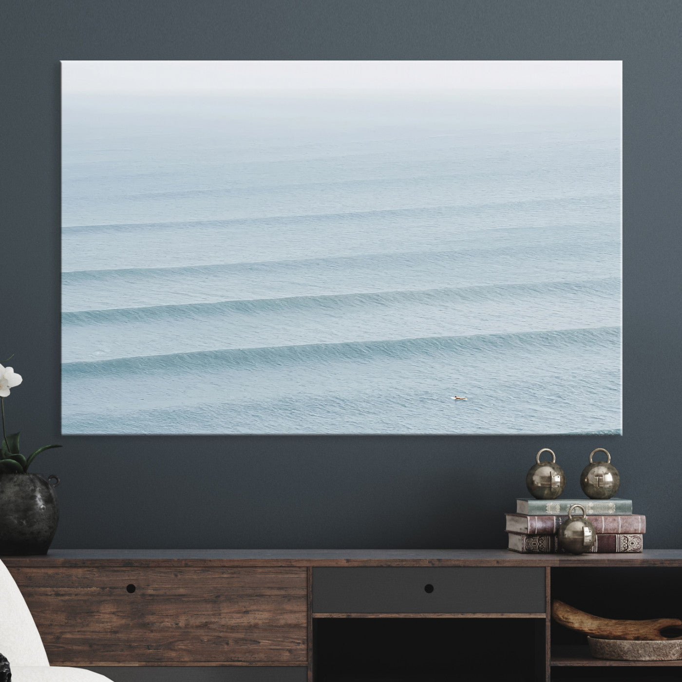 -Ocean Waves Wall Art Canvas Print, Framed Solo Surfer Art Picture Print, Wave Lines Perfect