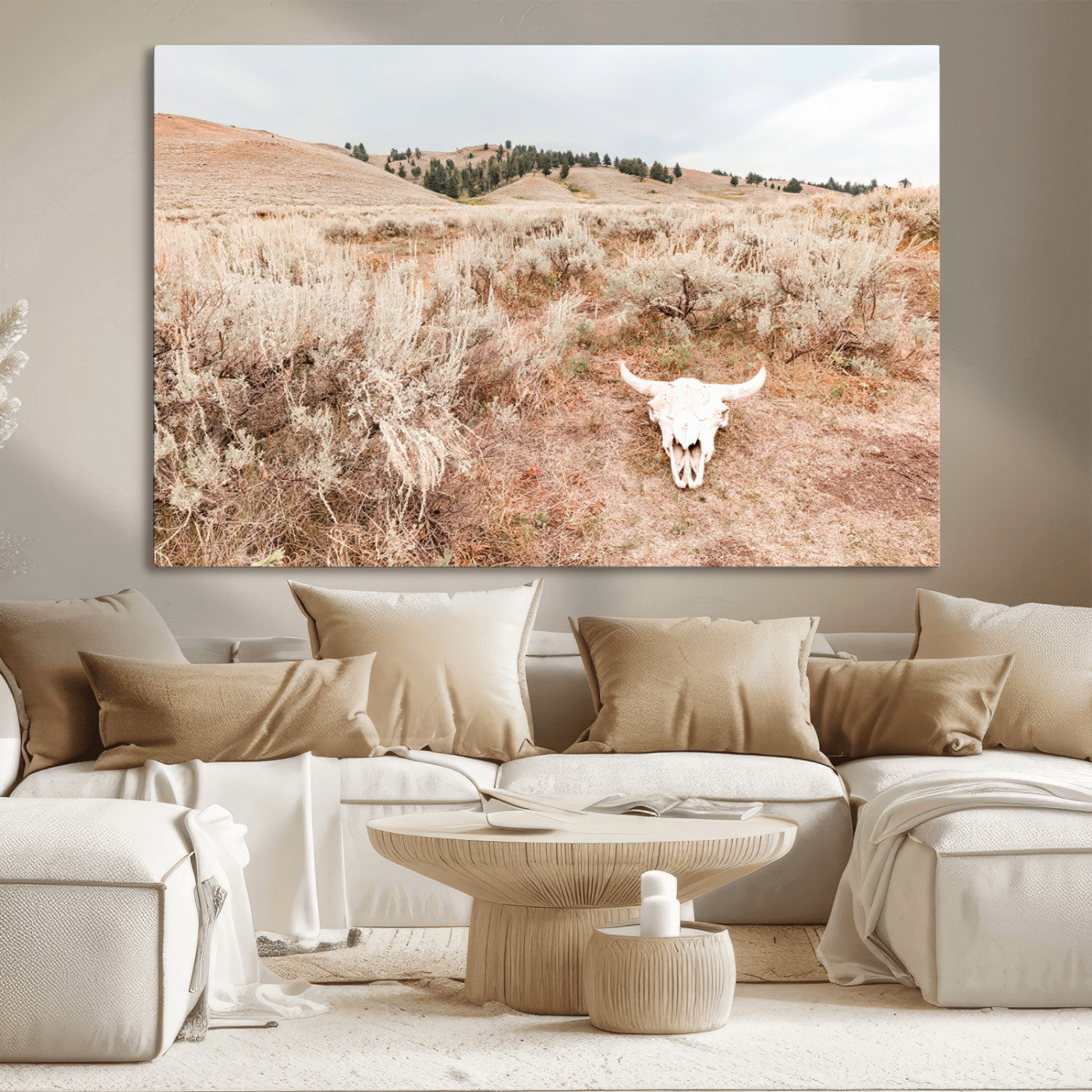 97234735-MGV-CV-36X24 - Desert Skull Wall Art – Arid Landscape & Sagebrush Canvas Print, Rustic Nature and Earth Tones for Living Room or Minimalist Decor
