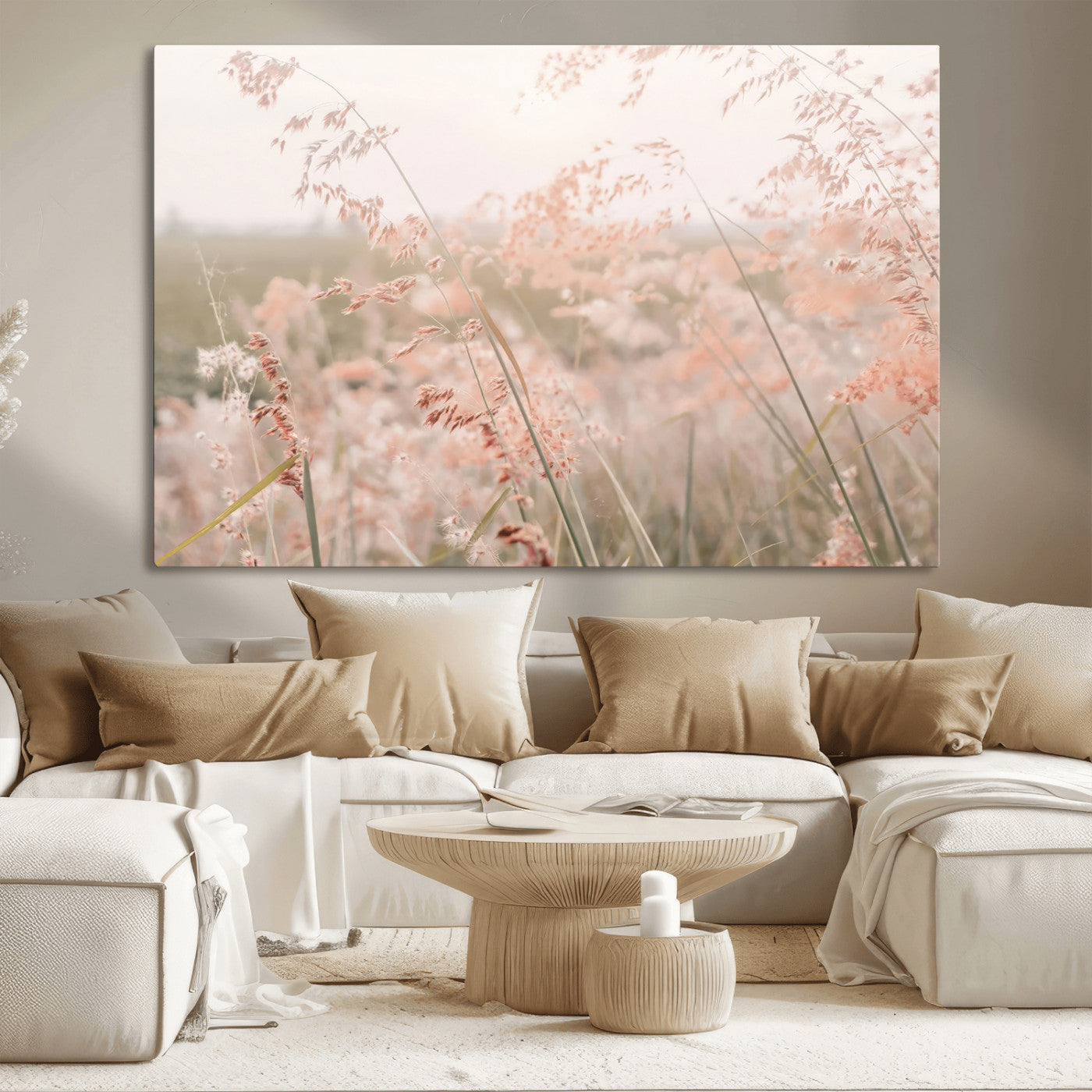79164340-MGV-CV-36X24-Pastel Grasses Wall Art Canvas Print, Framed Soft Meadow Art Picture Print, Field in Breeze Perfect Soft Pastel Minimal Decor Artwork