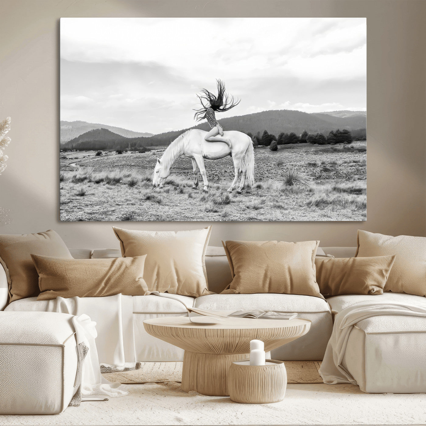 -White Horse Wall Art Canvas Print, Framed Woman Rider Art Picture Print, Equestrian Pose Perfect Western Boho Decor Artwork