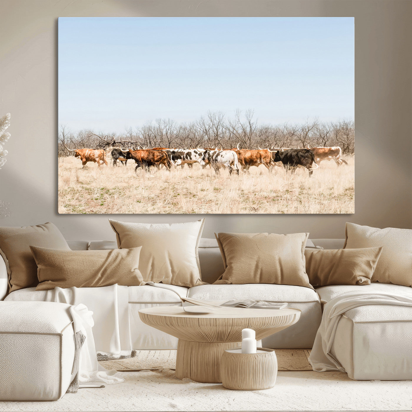 16563092-MGV-CV-36X24-Texas Longhorns Wall Art Canvas Print, Framed Western Cattles Art Picture Print, Rustic Herd Perfect Rustic Farmhouse Decor Artwork