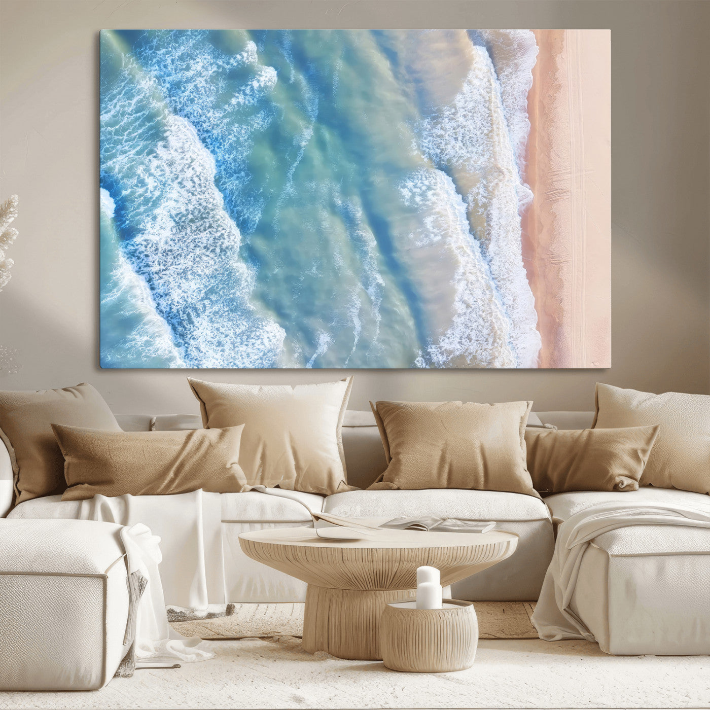 17641845-MGV-CV-36X24-Aerial Ocean View Wall Art Canvas Print – Framed Soft Blue Waves Sandy Shoreline Modern Coastal Artwork for Home Office
