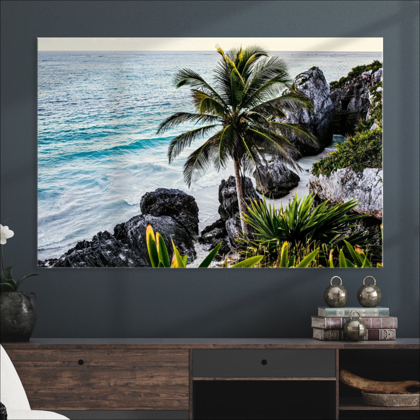 94669907-MGV-CV-36X24-Tropical Coastline Wall Art Canvas Print – Framed Palm Tree and Rocky Beach Scene Artwork for Home, Office Decor